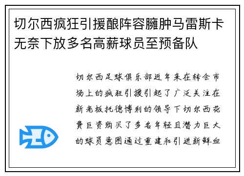 切尔西疯狂引援酿阵容臃肿马雷斯卡无奈下放多名高薪球员至预备队